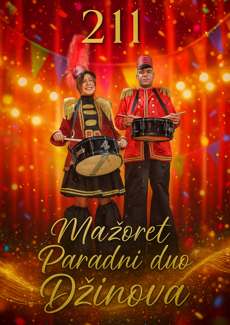 Mažoret paradni duo, mažoret štulaši, bubnjari, dobošari, mažoretkinje za festivale, štulaši, džinovi animatori